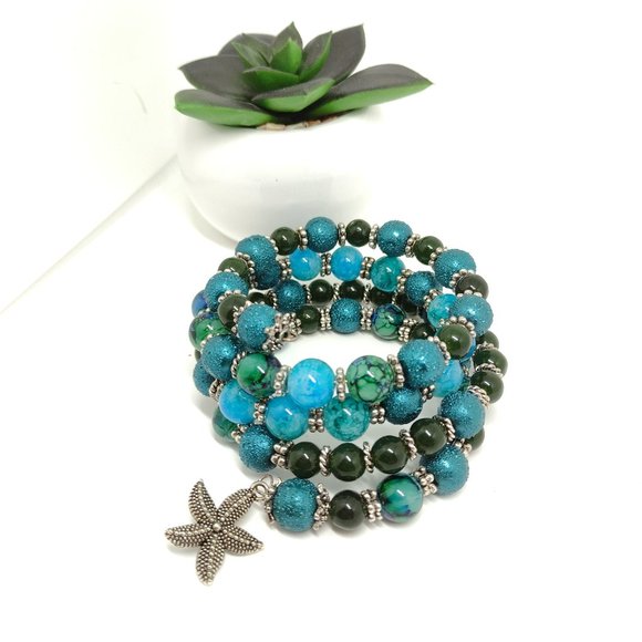 Dark Turquoise, Green and Emerald Aventurine 4 Row Memory Wire Bracelet - Picture 1 of 6